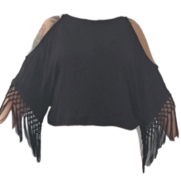 Monteau Fringe Tassel Summer Western Cowgirl short black top size medium - Picture 9 of 11